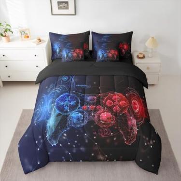 Imagem de Erosebridal Jogo de cama casal gamer azul vermelho em uma bolsa, 7 peças, consoles de jogos com lençol geométrico neon para adolescentes e adultos, conjunto de cama geométrica 3D