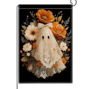 Imagem de Bandeira de jardim de Halloween, 30,5 x 45,7 cm, design de arco de flor fantasma dupla face, outono, outono, estopa para jardim, exterior, decoração de casa