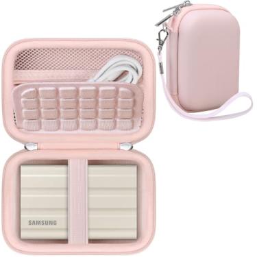 Imagem de RAIALL Capa rígida para Samsung T7 Shield/Samsung T7/Touch SSD portátil 1TB 2TB 4TB, bolsa de viagem para armazenamento de disco rígido externo, bolso de malha para acessórios de cabo USB, rosa