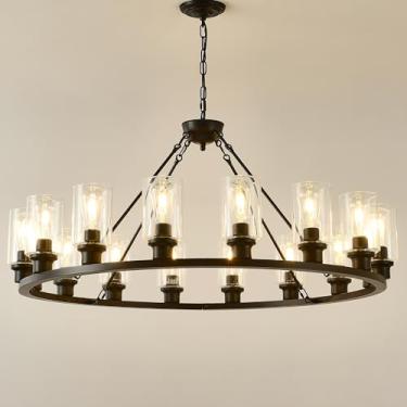 Imagem de JTYKHNM Lustre de roda de vagão preto 101 cm moderno fazenda luz pendente de vidro 16 luzes luminárias penduradas no teto para sala de estar, sala de jantar, cozinha, ilha hall de entrada
