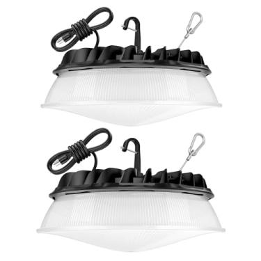 Imagem de Pacote com 2 lâmpadas LED UFO de 155 W com refletor 22.500lm 5000K LED de alta baía AC110-277V cabo com plugue à prova d'água luzes UFO para garagem, loja, fábrica, armazém, ETL listado