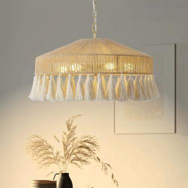 Imagem de Axamate Luminária pendente de vime 49,5 cm 6 luzes boho grande lustre Wabi-Sabi luminária pendente com franja borla lustre luminárias para sala de estar, sala de jantar, cozinha, quarto, berçário