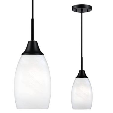 Imagem de Viinew Mini luminária pendente de vidro, 1 luz soprada à mão em vidro oval branco para ilha de cozinha, sala de jantar, sala de estar, hall de entrada, corredor, entrada de metal preto fosco