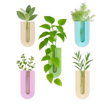 Imagem de Vasos de parede Boho com tubos de vidro – vasos de teste suspensos para plantas de interior, suportes decorativos de flores montados na parede em forma de U, gancho deslizante de fácil instalação