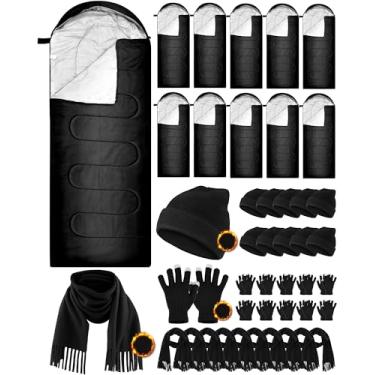 Imagem de Tranqun Conjunto de 10 sacos de dormir para adultos com 10 gorros de inverno, luvas de tela sensível ao toque, lenços, forro de algodão, impermeável, acampamento, saco de dormir para mochilão