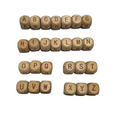 Imagem de Arakierst 52 peças contas de letras do alfabeto de madeira 12 mm mix natural quadrado faia contas de letras de madeira para fazer joias nome faça você mesmo artesanato com miçangas