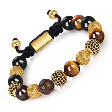 Imagem de WP WEPICK Pulseiras masculinas de ouro banhado a ouro 18 quilates de aço inoxidável cabeça de leopardo olho de tigre contas de ônix pretas feitas à mão pulseira masculina ajustável presente de