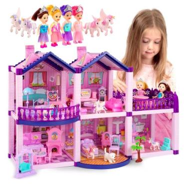 Imagem de Dollhouse TOMLEON Dream com 4 princesas, 4 unicórnios, cachorro e móve
