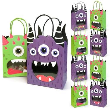 Imagem de Cheerland Pacote com 8 sacos de presente monstro roxo verde engraçado para festa de Halloween crianças aniversário doces ou lembrancinhas bebê primeiro aniversário doces lembrancinhas de festa