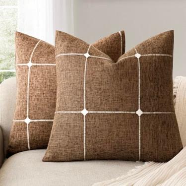 Imagem de Foindtower Pacote com 2 fronhas decorativas de linho falso jacquard xadrez capa de almofada de fazenda com detalhes texturizados em grade para sofá, sala de estar, decoração de casa, 40,6 × 40,6 cm