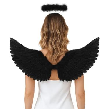 Imagem de Kit Fantasia Asa De Anjo E Tiara Com Led Carnaval Festa Halloween Adulto Bloquinho (Preto)