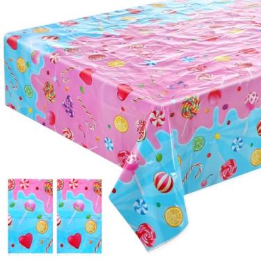 Imagem de Heclia 2 peças de toalha de mesa de plástico Candyland com tema de doces decorações de festa coloridas pirulito toalha de mesa doce para doces terra festa aniversário chá de bebê suprimentos 187 x 114