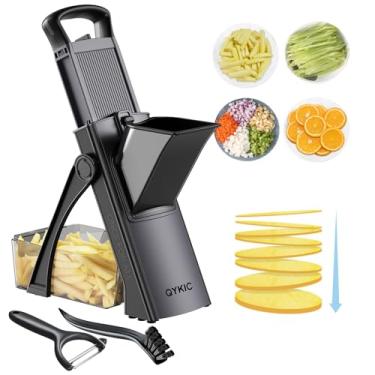 Imagem de QYKIC Cortador de mandolina seguro para cozinha, cortador de legumes, ajustador de espessura de fatiador de batata, cortador de fritura francesa, fatiador de vegetais mais rápido bandolim de cozinha