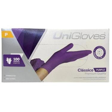 Imagem de Luva Descartáveis Roxa Unigloves Látex clássico Purple Com 100 Unidade