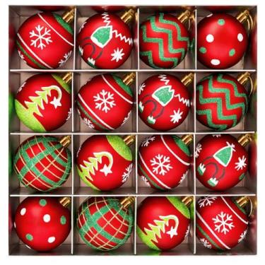 Imagem de 16 peças de enfeites de bola de Natal, enfeites de árvore de Natal vermelha e verde de 6 cm com bolas brilhantes e inquebráveis para decorações de árvore de Natal, grinaldas, guirlandas