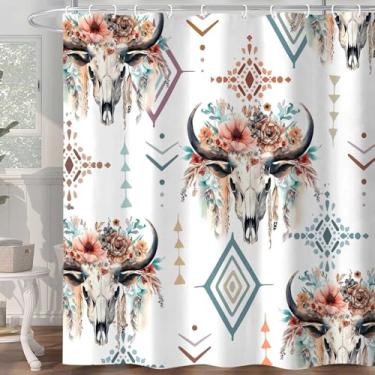 Imagem de Hjokiupt Cortina de chuveiro de caveira de touro ocidental, cortina de banheiro de cabeça de flor de caveira de vaca retrô, conjunto de cortina de chuveiro de poliéster impermeável Boho Farmhouse, 91