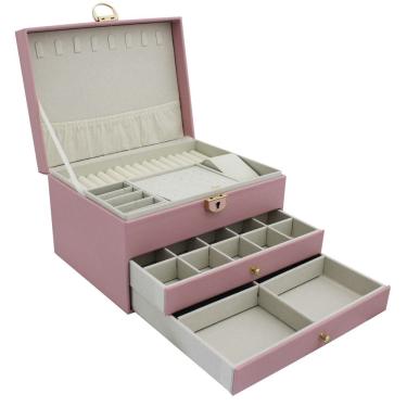 Imagem de Porta Jóias Portátil Divisória Organizador Feminino Multiuso Rosa 23*17.5*13.5CM