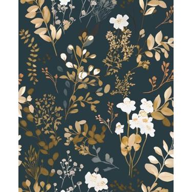 Imagem de Laatse Papel de parede floral descascar e colar papel de parede boho vintage azul/folha dourada papel de contato impermeável autoadesivo moderno papel de parede para armário paredes cozinha 44,5 cm x