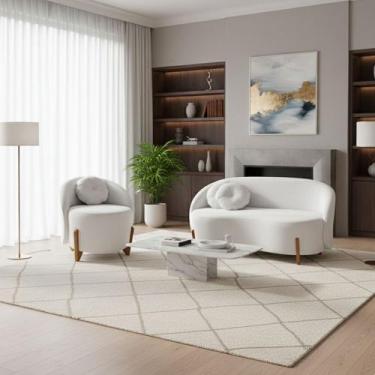 Imagem de Conjunto 01 Poltrona + Sofá Curvo Orgânico Amsterdã Bouclê Branco - Mo