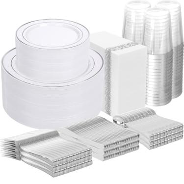 Imagem de Supernal 800 pratos de plástico prateado, conjunto de louça de plástico prateado, pratos prateados descartáveis incluem 100 pratos de jantar, 100 pratos de salada, 100 colheres, 200 garfos, 100 facas