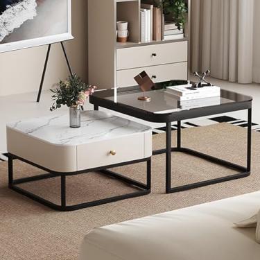 Imagem de AKALNNB Conjunto de 2 mesas de centro com gaveta, 2 em 1, mesas laterais quadradas empilháveis, para sala de estar, quarto, sala de estar, escritório