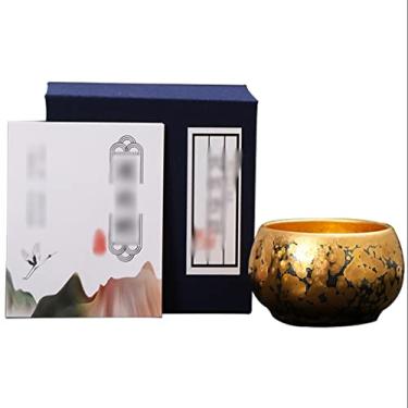 Imagem de Xícara de chá, tigela de chá, pneu de ferro dourado japonês Jianzhan, xícara mestre de cerâmica artesanal, xícara de chá tradicional de Kung Fu de 120 ml, com embalagem de caixa de presente (cor: ouro