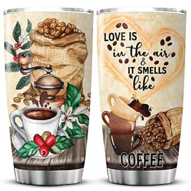 Imagem de KOIXA Love Is In The Air And It Smells Like Coffee Tumbler Copo de aço inoxidável com tampa 590 ml Presentes de aniversário para bebedores de café mulheres caneca isolada itens de café para amantes de café