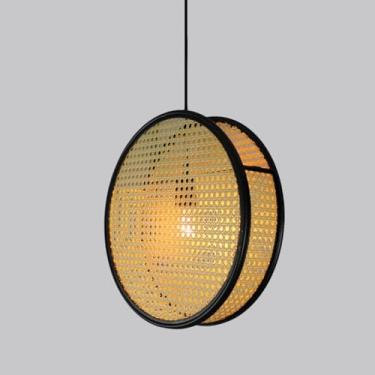 Imagem de KSSTEVNBD Luminária pendente de tecido rústico, luminária redonda de vime para pendurar em vime boho luminária wabi sabi estilo japonês luz pendente de vime tecido à mão para quarto cozinha ilha guia