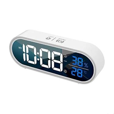 Imagem de Relógio despertador eletrônico de música, 2 alarmes, soneca, temperatura, umidade, controle de voz, relógio digital de LED, relógio de mesa para sala de estar (cor: branco) (branco)
