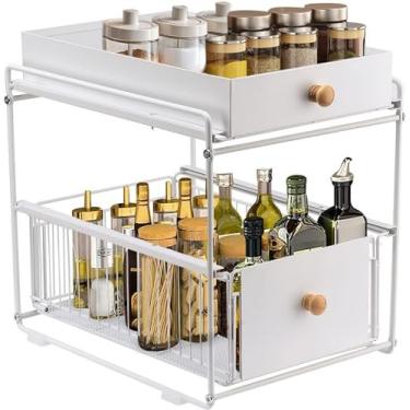 Imagem de Prateleira para pia de cozinha, organizador de 2 níveis debaixo da pia, organizador de bancada deslizante, organizador de gavetas para armário, prateleira para especiarias, cesta de metal, e