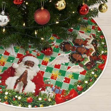 Imagem de Saia preta para árvore de Natal Sannta, 121 cm, decoração de árvore de Natal afro-americana, vintage, Jesus, vermelho, verde, xadrez, tapete redondo para Natal, inverno, férias de ano novo, festa