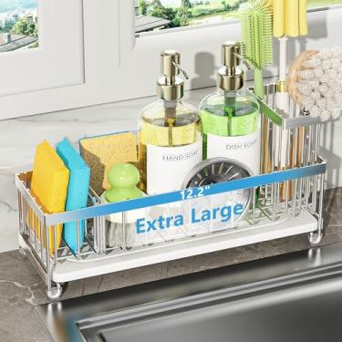 Imagem de Cisily Organizador de pia extragrande com pedra de secagem, suporte de esponja prata para cozinha, suporte de escova de pratos para bancada, armazenamento de decoração de cozinha e itens essenciais