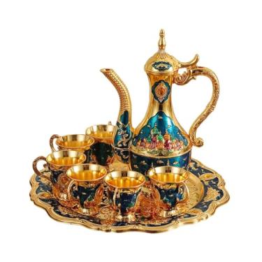 Imagem de ＫＬＫＣＭＳ Conjunto de bule de café turco, kit de bule de vinho de metal de liga de zinco, design vintage com 6 xícaras e bandeja de chá para chá, festa de, Azul