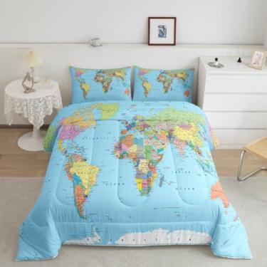 Imagem de Conjunto de edredom de mapa do mundo completo multicolorido, conjunto de cama 3D geografia oceano azul decoração de quarto edredom americano Europa Ásia África todas as estações edredom e conjuntos de cama