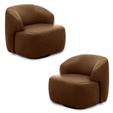 Imagem de Kit 2 Poltronas Decorativas Charlote Sala de Estar Base Giratória em Aço Couro Marrom Claro Manchado G88 - Gran Belo