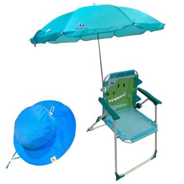 Imagem de Cadeira de Praia Infantil Dinossauro com Guarda-Sol e Chapéu Azul com fator de proteção UV - RIKABUNI