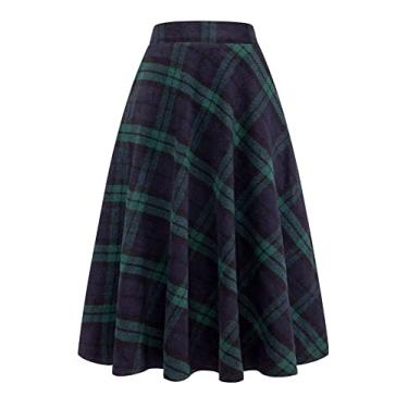 Imagem de Saia longa xadrez de lã para mulheres inverno outono quente cintura elástica evasê saia rodada plissada tartan de lã, Verde, M