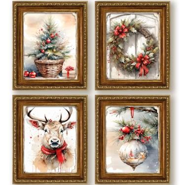 Imagem de Foritho Farmhouse Christmas Wall Art Prints 20x25 Conjunto de 4, decoração de Natal rústica, grinalda de árvore de Natal vermelha, enfeite de rena, decoração de parede, pôsteres para casa, quarto