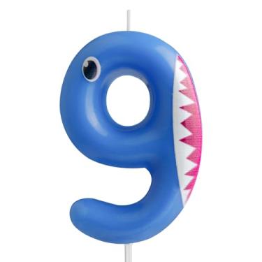 Imagem de Velas azuis de aniversário tubarão número 9, vela número 9, decorações de festa de tubarão para topo de bolo, vela de feliz aniversário, tema de animais do oceano, festa de tubarão, chá de bebê,