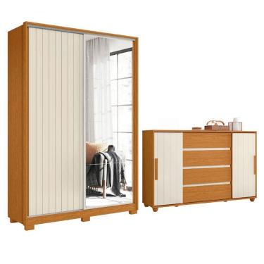 Imagem de Conjunto De Quarto Guarda Roupas Com Espelho 2 Portas De Correr E Cômoda Hera Flex Madeirado/off Whi Madeir/off