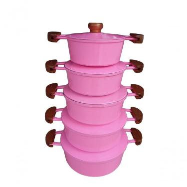 Imagem de Jogo 5 Panelas Alumínio Batido Fundido Rosa Com Tampa Pesada