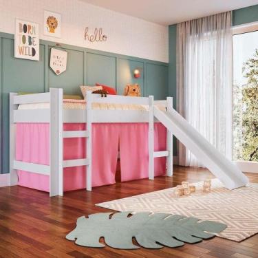 Imagem de Cama Infantil Solteiro Com Escorregador Branco E Cortina Rosa Branco C