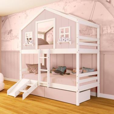 Imagem de Beliche Casinha Sonhos Com 02 Gavetas Rosa Kit Escada/ Escorregador Madeira Maciça Rosa/ Branco Megamobilia
