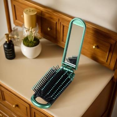 Imagem de Pente de espelho dobrável portátil criativo, pente pequeno para airbag feminino com espelho, conjunto de 1 peça, verde