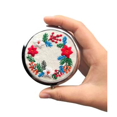 Imagem de Leimandy Guirlanda de Natal bordada frente e verso 1x/2x com ampliação de espelhos de maquiagem espelho de bolso portátil presente de festival espelho de presente de aniversário com caixa de presente