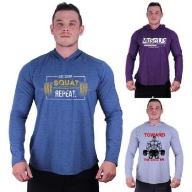 Imagem de Kit 3 Camisetas Manga Longa com Touca Longline Estampada Treino Academia Lazer Casual-Masculino