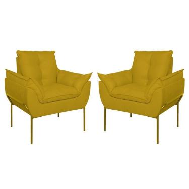 Imagem de Kit 02 Poltronas Base Metal Dourada Sala Quarto Balaqui Decor Amarelo