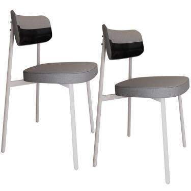 Imagem de Kit 02 Cadeiras Estofada Para Sala De Jantar Astrid Branco C01 Linho Cinza Courino Preto - Lyam Decor