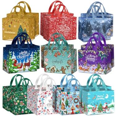 Imagem de AURUZA 20 peças de sacos de presente de Natal com alças - vários designs e cores, sacos não tecidos reutilizáveis duráveis para suprimentos de festa de Natal