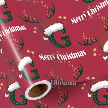 Imagem de RUSPEPA Rolo de papel de embrulho de Natal com letra F, mini rolo, letra F com chapéu de Papai Noel, chifres de rena e texto de Feliz Natal, embrulho vermelho para presente de Natal personalizado, 43